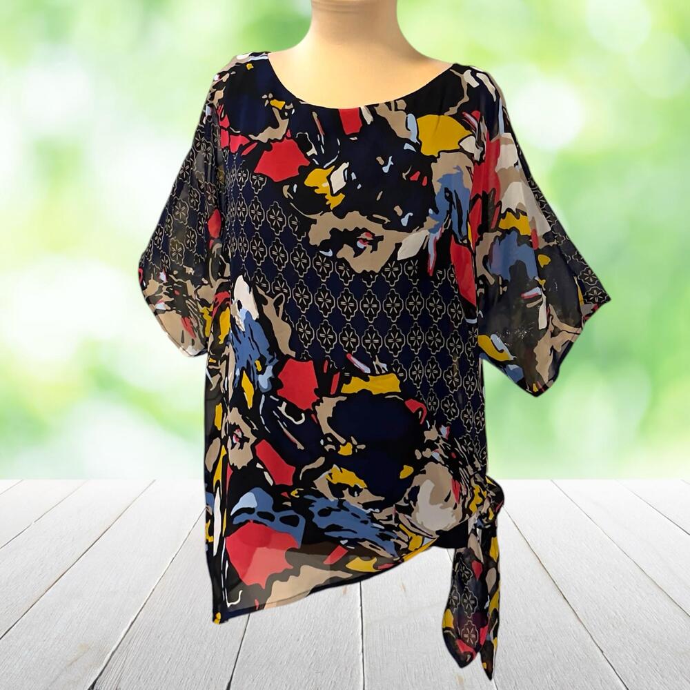 DANA BUCHMAN Side Tie Tunic Top Blouse Artsy Abstract Chiffon Layered Size L